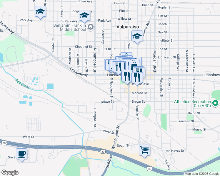 map of restaurants, bars, coffee shops, grocery stores, and more near Monroe St in Valparaiso