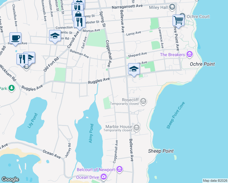 map of restaurants, bars, coffee shops, grocery stores, and more near 98 Coggeshall Avenue in Newport