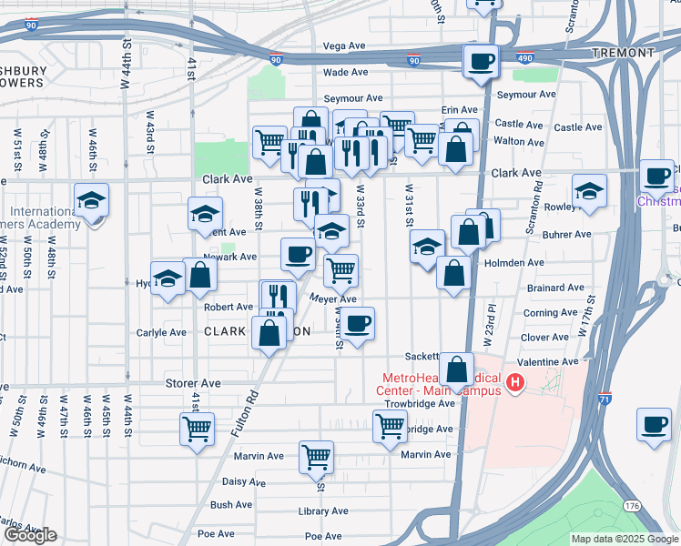map of restaurants, bars, coffee shops, grocery stores, and more near 3325 Roehl Avenue in Cleveland