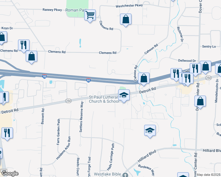 map of restaurants, bars, coffee shops, grocery stores, and more near 28140 Detroit Road in Westlake