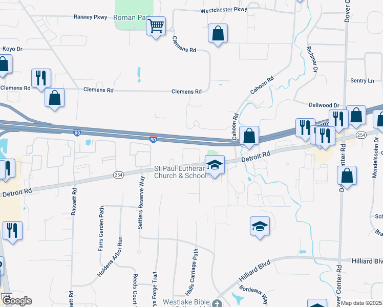 map of restaurants, bars, coffee shops, grocery stores, and more near 28100 Detroit Road in Westlake