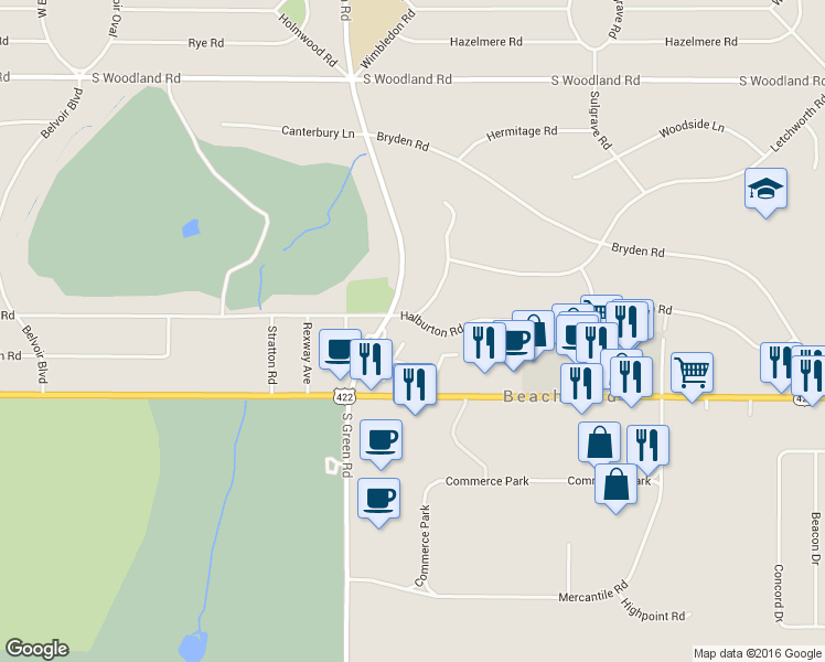 map of restaurants, bars, coffee shops, grocery stores, and more near 23320 Halburton Road in Beachwood