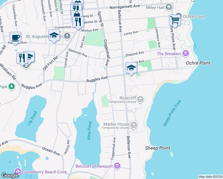 map of restaurants, bars, coffee shops, grocery stores, and more near 98 Coggeshall Avenue in Newport