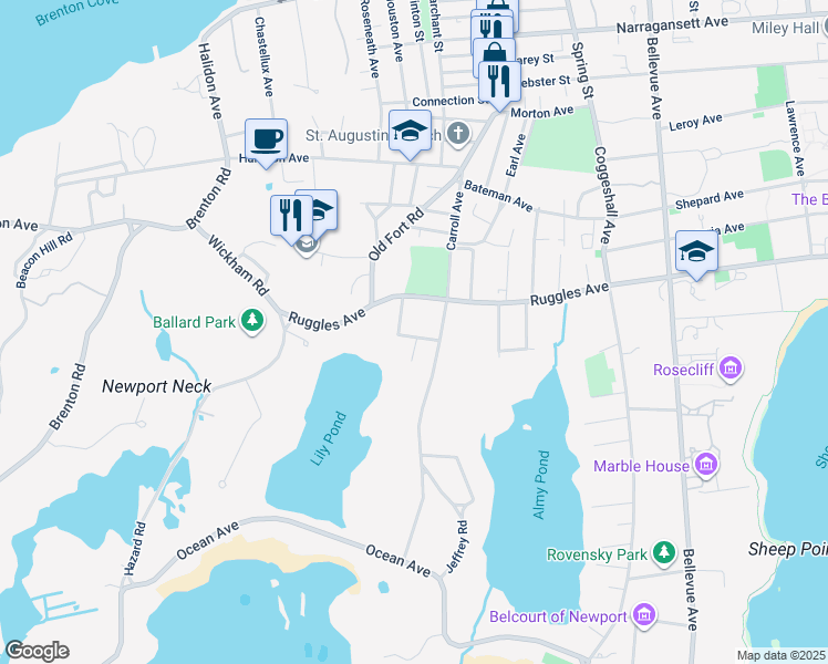 map of restaurants, bars, coffee shops, grocery stores, and more near 16 Gooseberry Road in Newport