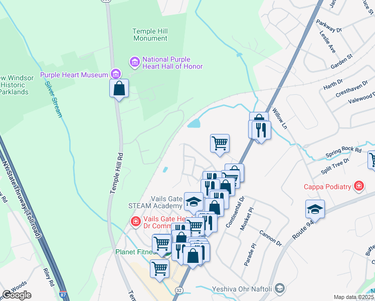map of restaurants, bars, coffee shops, grocery stores, and more near 1152 Washington Green in New Windsor