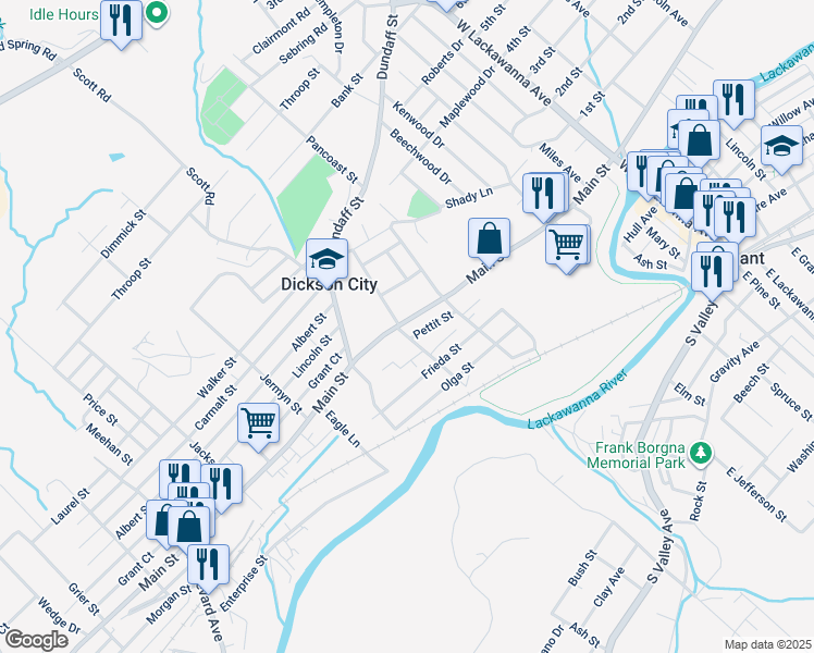 map of restaurants, bars, coffee shops, grocery stores, and more near 410 Mary Street in Dickson City