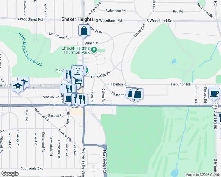map of restaurants, bars, coffee shops, grocery stores, and more near 20950 Halworth Road in Shaker Heights