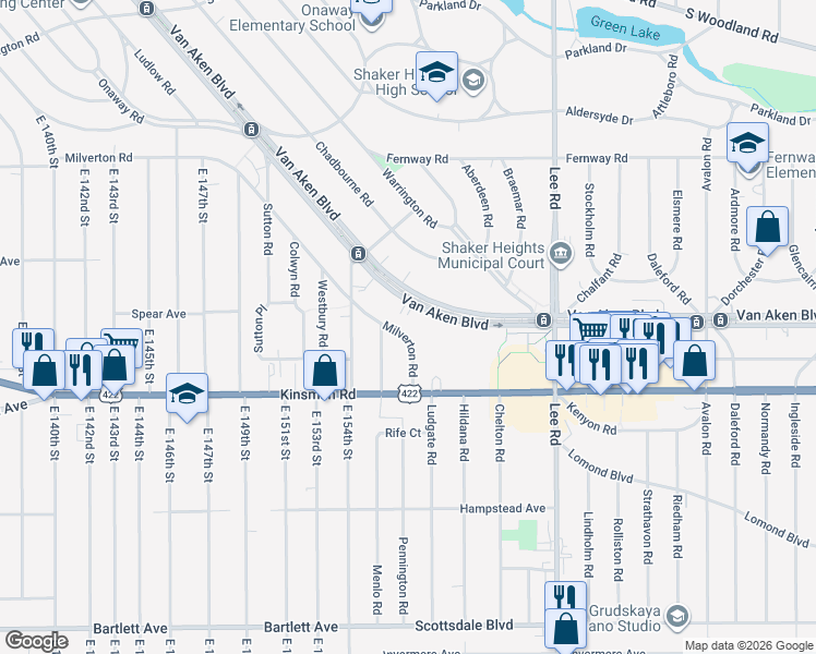 map of restaurants, bars, coffee shops, grocery stores, and more near 3430 Milverton Road in Shaker Heights