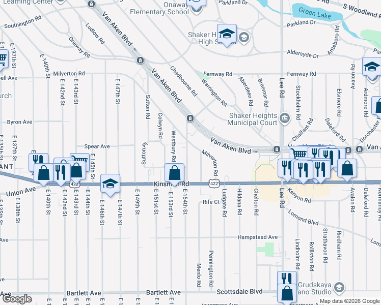 map of restaurants, bars, coffee shops, grocery stores, and more near 3435 Ashby Road in Shaker Heights