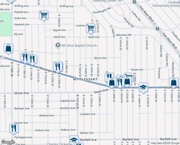 map of restaurants, bars, coffee shops, grocery stores, and more near 3419 East 134th Street in Cleveland
