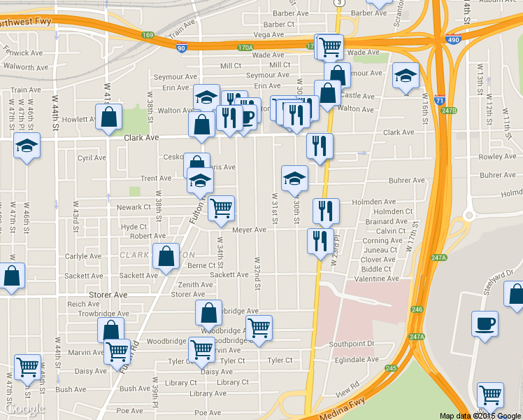 map of restaurants, bars, coffee shops, grocery stores, and more near in Cleveland