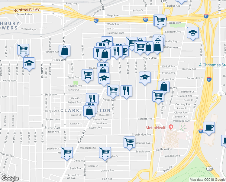 map of restaurants, bars, coffee shops, grocery stores, and more near 3325 Roehl Avenue in Cleveland