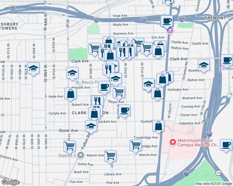 map of restaurants, bars, coffee shops, grocery stores, and more near 3325 Roehl Avenue in Cleveland