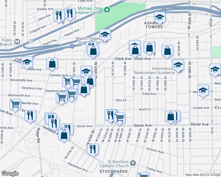 map of restaurants, bars, coffee shops, grocery stores, and more near 3229 West 61st Street in Cleveland