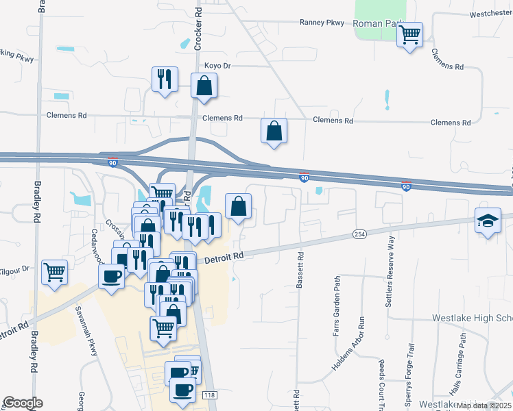 map of restaurants, bars, coffee shops, grocery stores, and more near 1347 Patti Park in Westlake