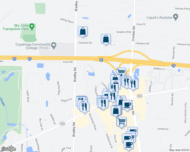 map of restaurants, bars, coffee shops, grocery stores, and more near 1544 Cedarwood Drive in Westlake