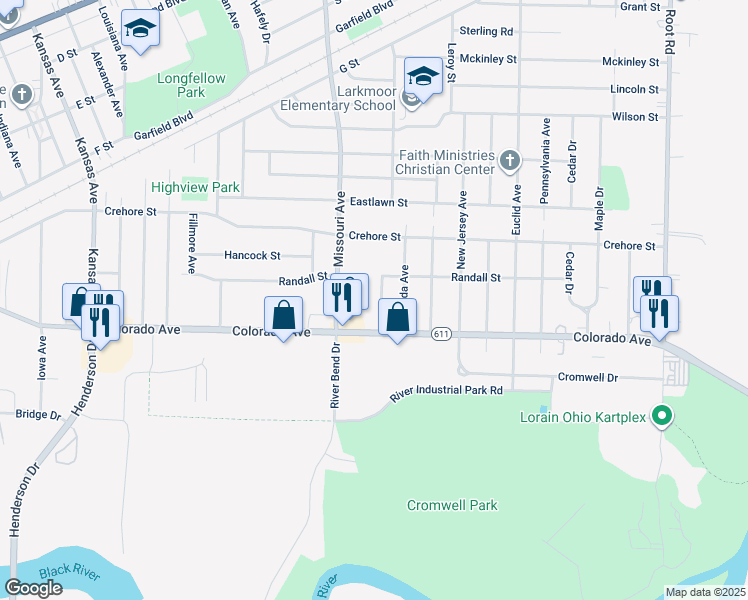 map of restaurants, bars, coffee shops, grocery stores, and more near 1631 Nebraska Avenue in Lorain