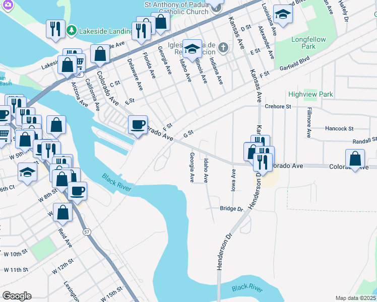 map of restaurants, bars, coffee shops, grocery stores, and more near 711 H Street in Lorain