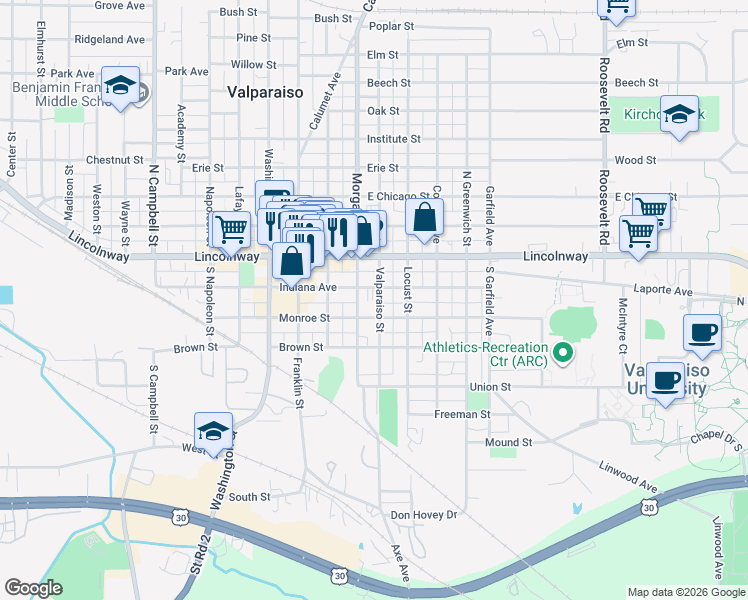 map of restaurants, bars, coffee shops, grocery stores, and more near 177-199 Morgan Blvd in Valparaiso