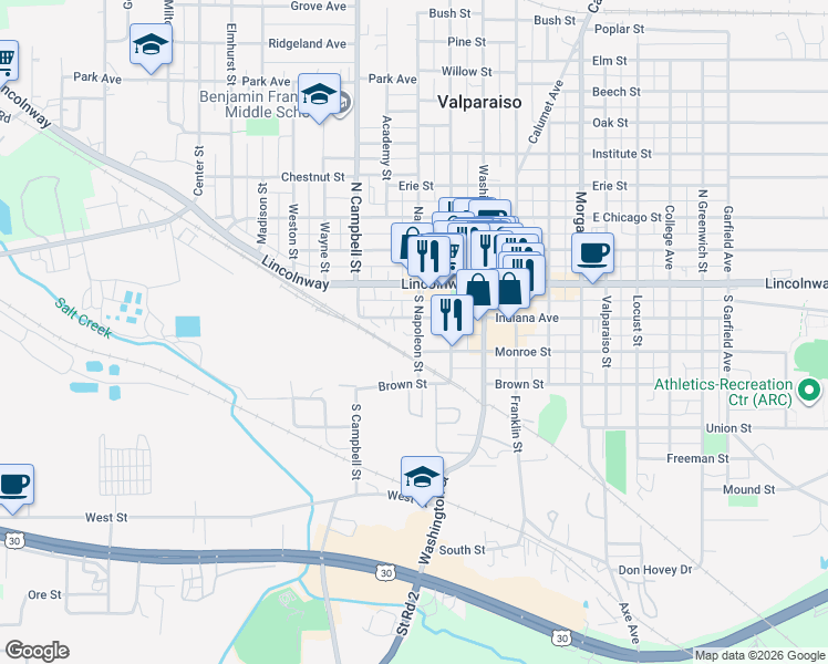 map of restaurants, bars, coffee shops, grocery stores, and more near Monroe St in Valparaiso