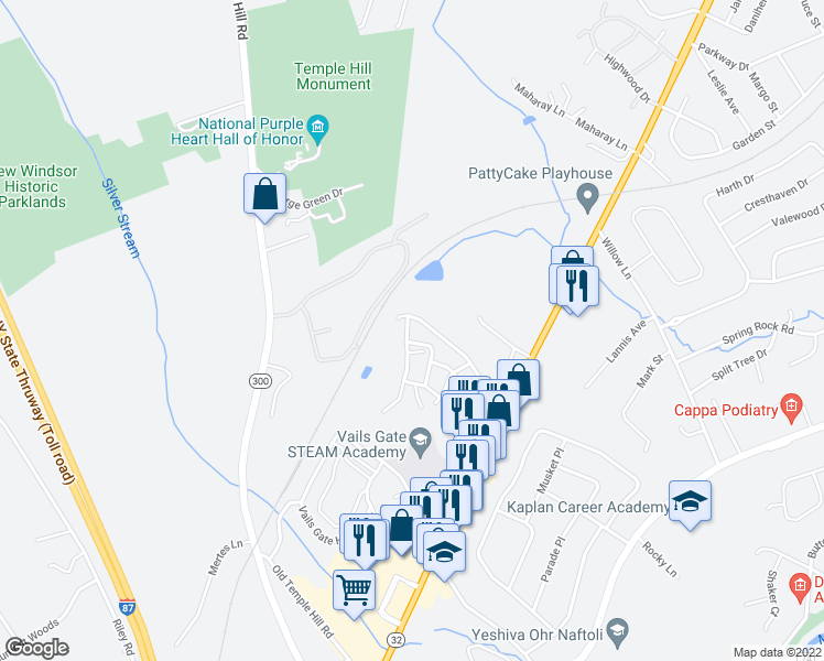 map of restaurants, bars, coffee shops, grocery stores, and more near 1143 Washington Green in New Windsor
