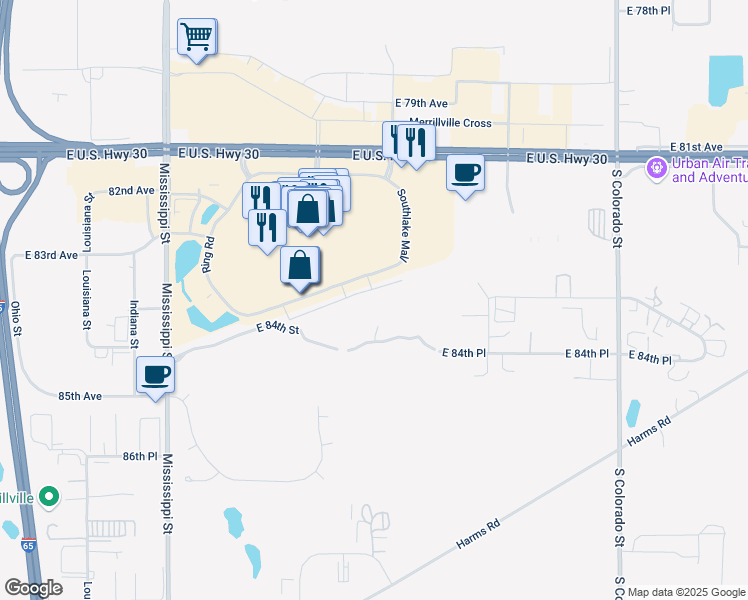map of restaurants, bars, coffee shops, grocery stores, and more near 2000 Reed Court in Merrillville