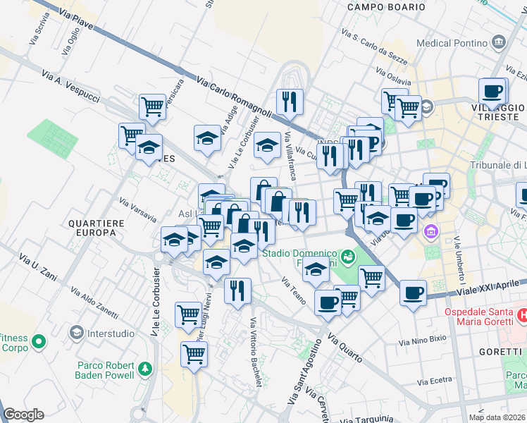 map of restaurants, bars, coffee shops, grocery stores, and more near 15 Via Ufente in Latina