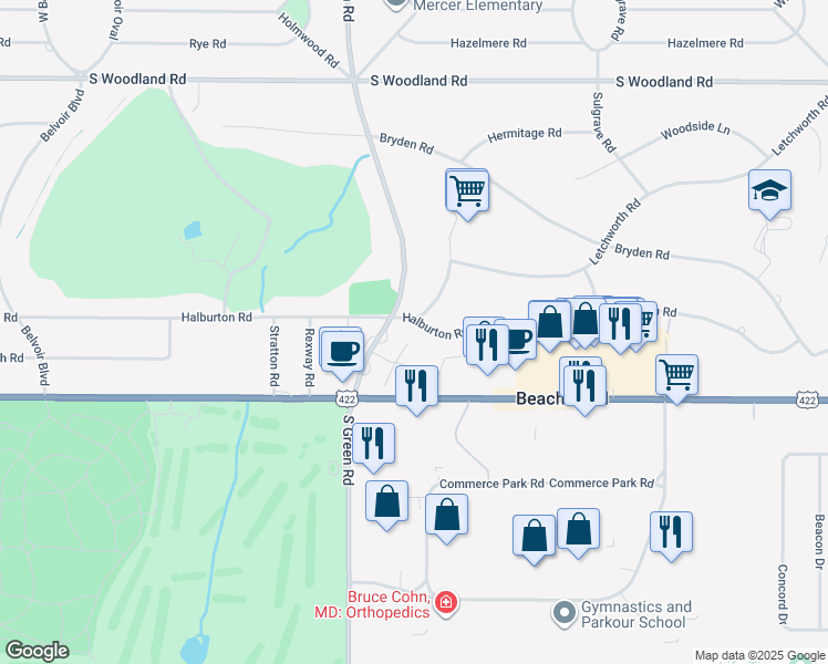 map of restaurants, bars, coffee shops, grocery stores, and more near 23320 Halburton Road in Beachwood