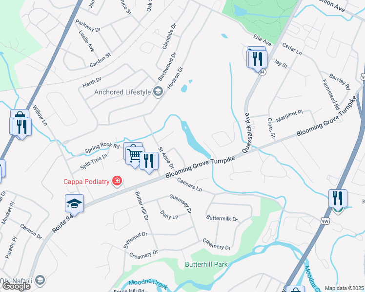 map of restaurants, bars, coffee shops, grocery stores, and more near 388 New York 94 in New Windsor