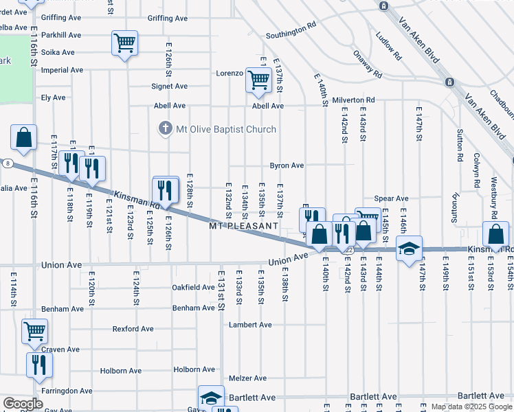 map of restaurants, bars, coffee shops, grocery stores, and more near 3419 East 134th Street in Cleveland