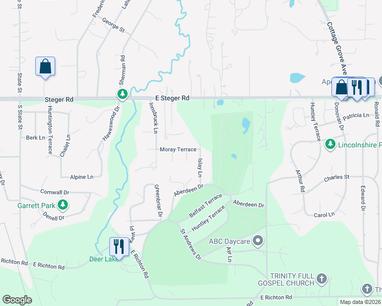 map of restaurants, bars, coffee shops, grocery stores, and more near 30 Geneva Court in Crete