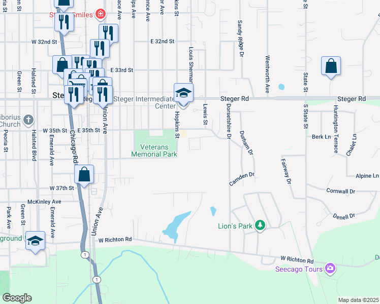 map of restaurants, bars, coffee shops, grocery stores, and more near 377 Columbia Circle in Steger
