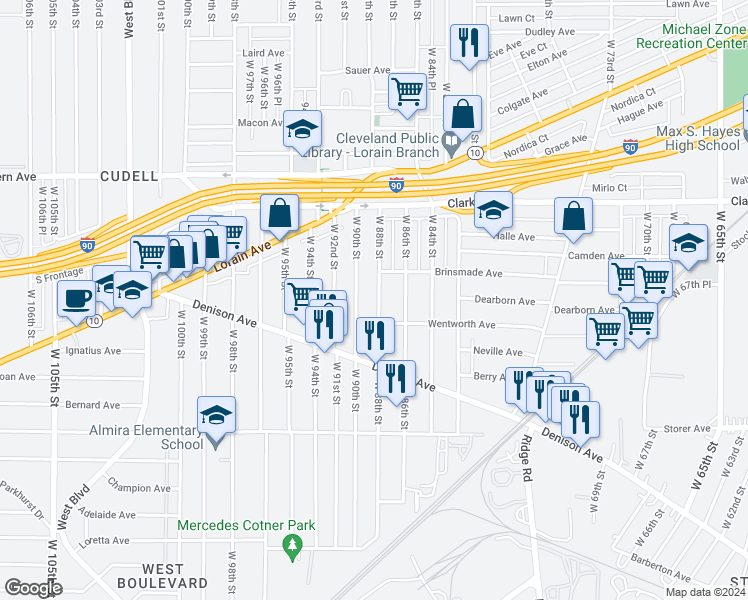 map of restaurants, bars, coffee shops, grocery stores, and more near 3210 West 88th Street in Cleveland