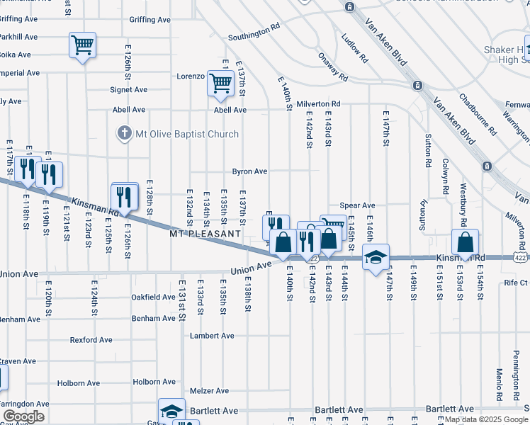 map of restaurants, bars, coffee shops, grocery stores, and more near 3404 East 139th Street in Cleveland