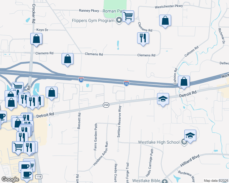 map of restaurants, bars, coffee shops, grocery stores, and more near 1517 Weymouth Circle in Westlake