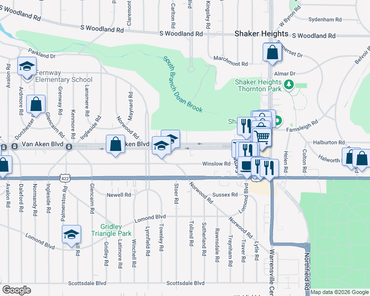 map of restaurants, bars, coffee shops, grocery stores, and more near 19250 Van Aken Boulevard in Shaker Heights