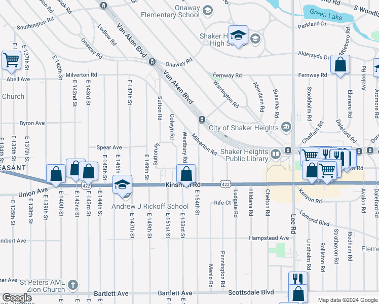 map of restaurants, bars, coffee shops, grocery stores, and more near 3440 Westbury Road in Shaker Heights
