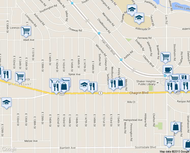 map of restaurants, bars, coffee shops, grocery stores, and more near 3436 East 149th Street in Cleveland