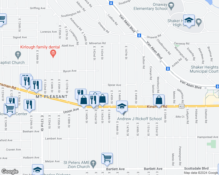 map of restaurants, bars, coffee shops, grocery stores, and more near 3435 East 143rd Street in Cleveland