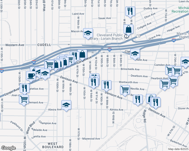 map of restaurants, bars, coffee shops, grocery stores, and more near 3220 West 92nd Street in Cleveland