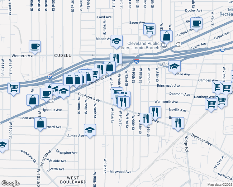map of restaurants, bars, coffee shops, grocery stores, and more near 3219 West 95th Street in Cleveland