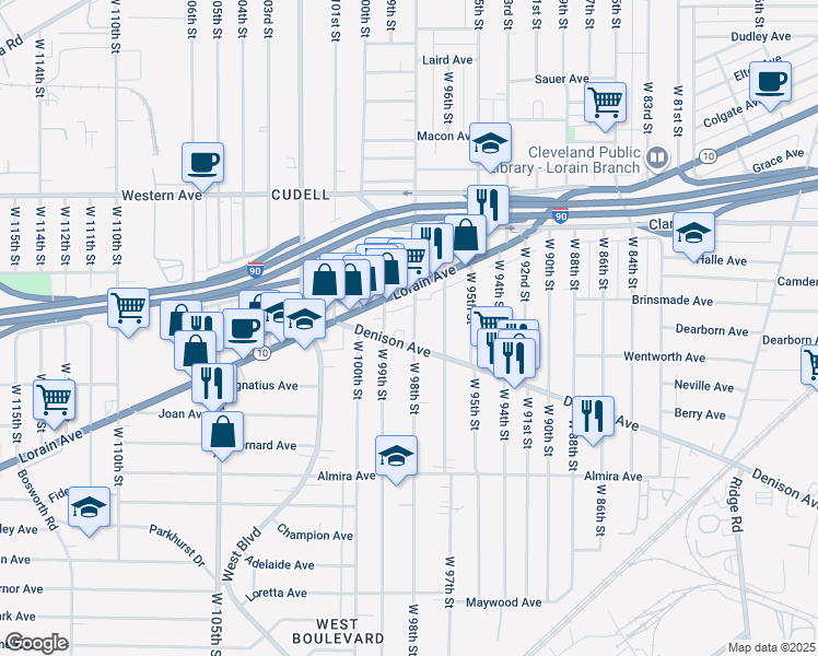 map of restaurants, bars, coffee shops, grocery stores, and more near 9807 Denison Avenue in Cleveland