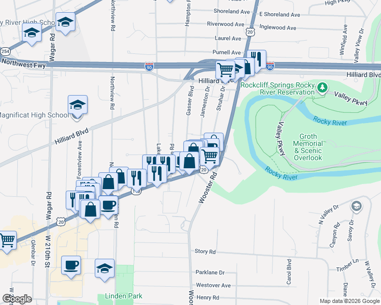 map of restaurants, bars, coffee shops, grocery stores, and more near 19626 Center Ridge Road in Rocky River