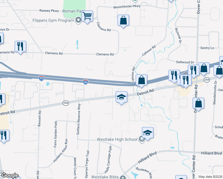 map of restaurants, bars, coffee shops, grocery stores, and more near 28082 Ohio 254 in Westlake