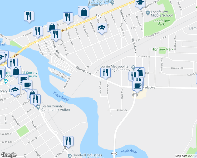 map of restaurants, bars, coffee shops, grocery stores, and more near 711 H Street in Lorain