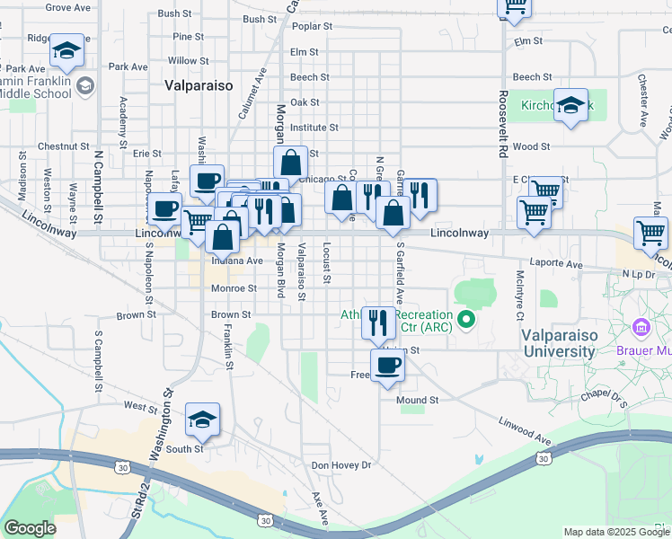 map of restaurants, bars, coffee shops, grocery stores, and more near 158 College Avenue in Valparaiso