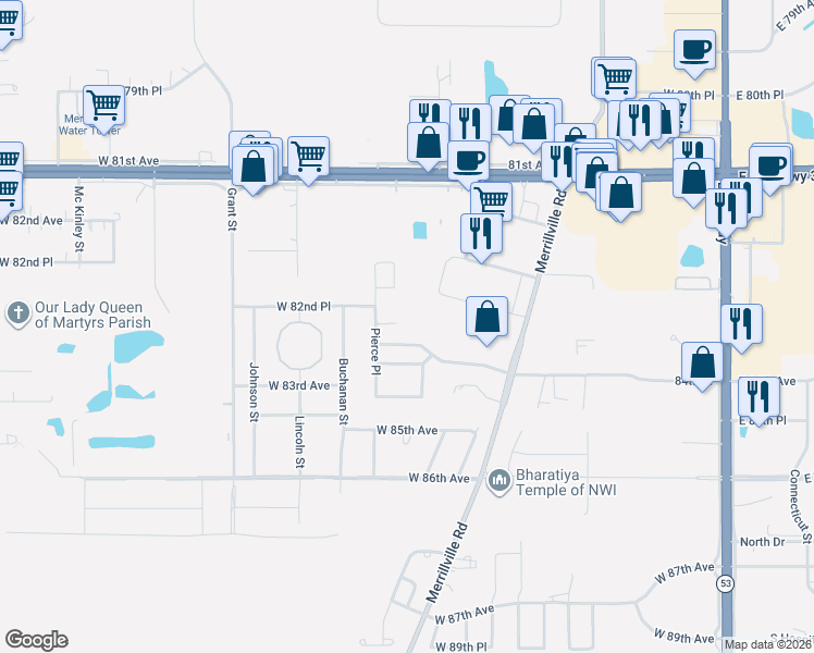 map of restaurants, bars, coffee shops, grocery stores, and more near 1202 West 84th Lane in Merrillville