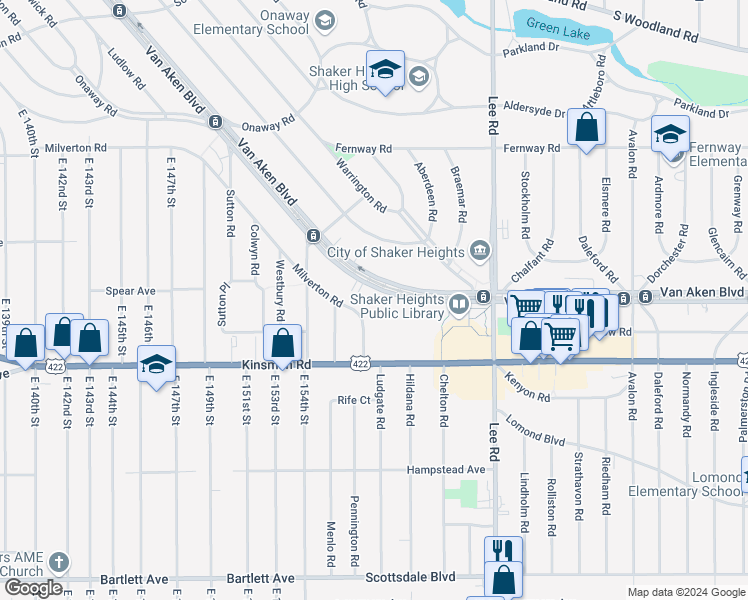 map of restaurants, bars, coffee shops, grocery stores, and more near 15820 Van Aken Boulevard in Shaker Heights