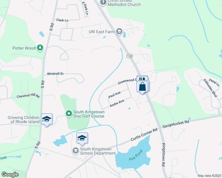 map of restaurants, bars, coffee shops, grocery stores, and more near 126 Greenwood Drive in South Kingstown