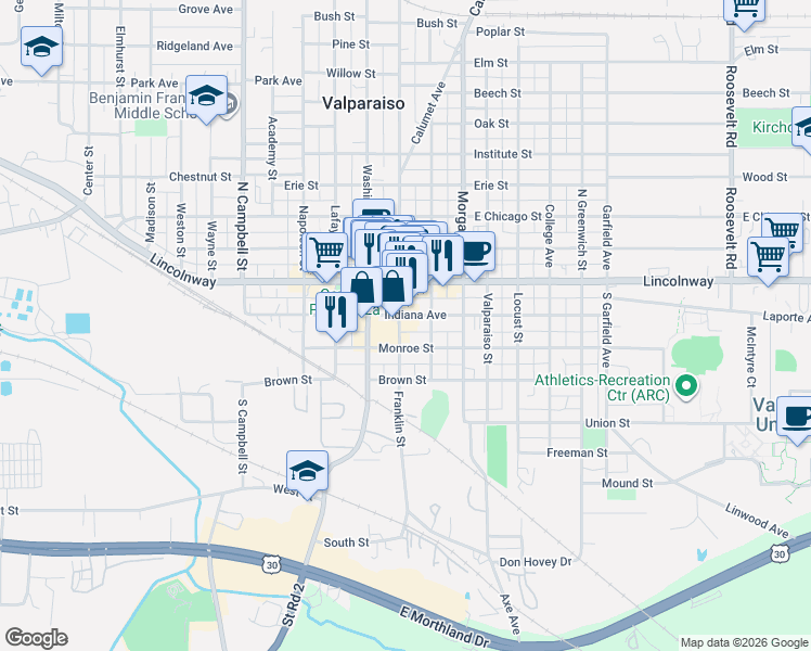 map of restaurants, bars, coffee shops, grocery stores, and more near 49 Monroe Street in Valparaiso